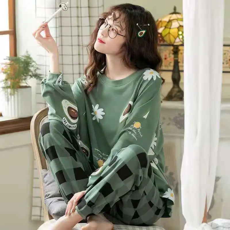 Women Pajamas Sets Plaid XXL Sleepwear Long Sleeve Pants Pyjama Autumn Cartoon Pijamas Mujer Female Loungewear Casual Homewear
