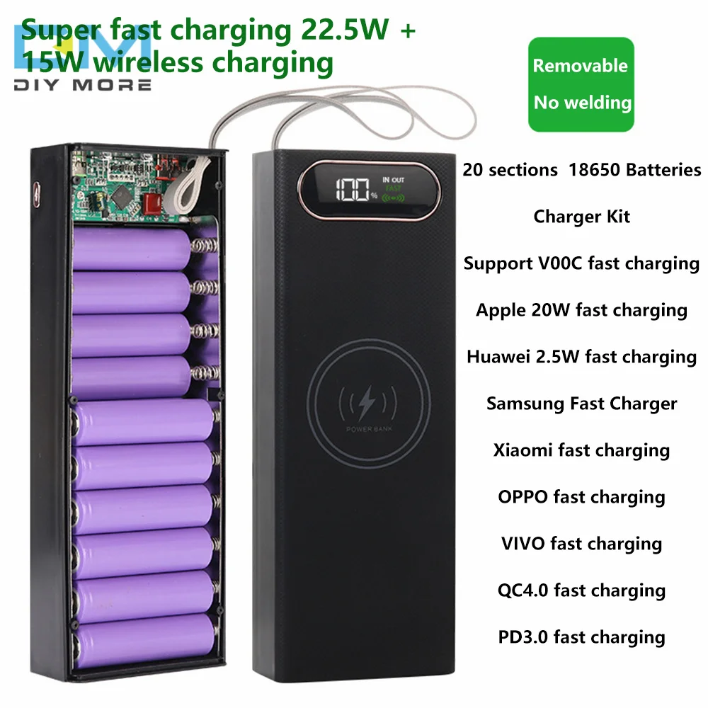 20-Section Detachable Mobile Power Case with 22.5W Fast Charging and Wireless Charging Capability