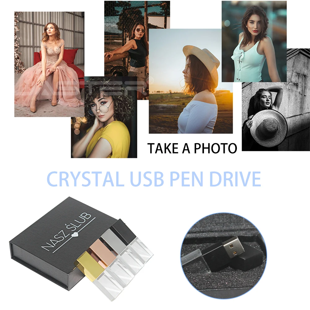 Lot Cristal Usb Flash Drives 128gb Livre Logotipo Personalizado Pen Drive 64gb Fotografia Criativa Presentes de Casamento Memory Stick 32gb 10 Pcs - Imagem 6