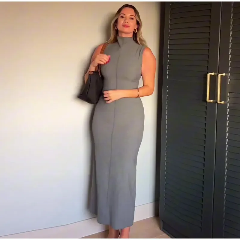 Vestido largo sin mangas con cuello alto y abertura en la espalda para mujer, recto, liso, ajustado, de cintura alta, con cremallera, otoño 2025