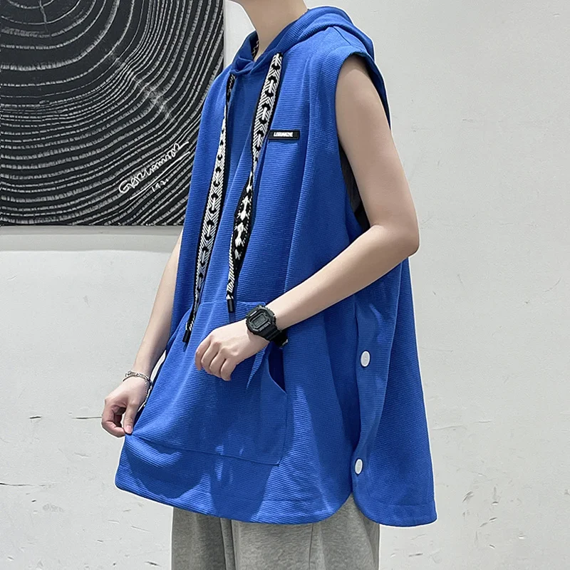 

Hooded Vest Men Instagram Hot Summer Waffle Sport Sleeveless Slit T-shirt Port Chic Hipster Thin Coats Dropshipping