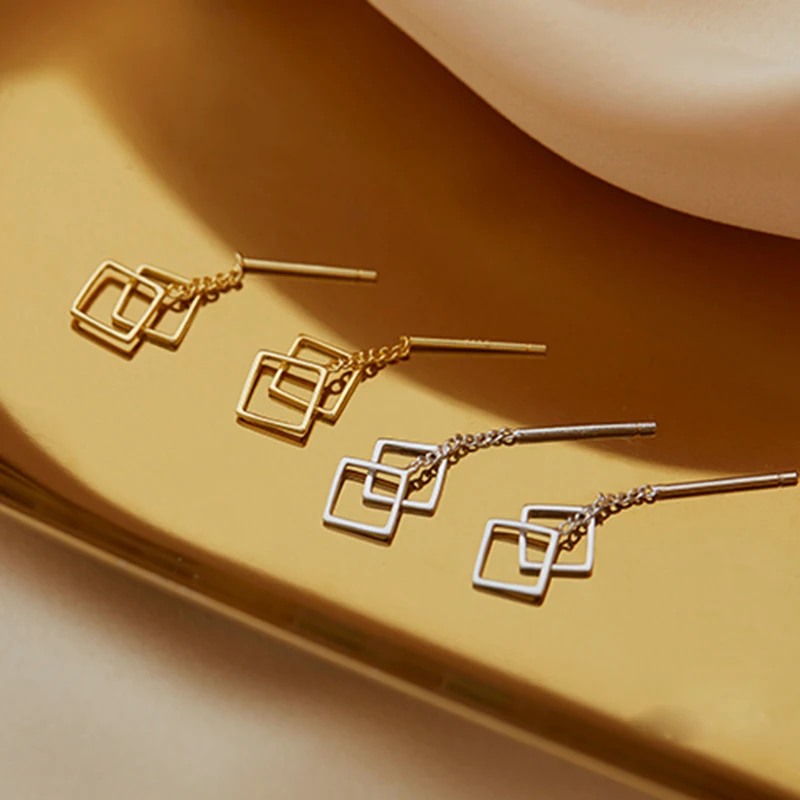 Trendy Minimalist Double Hollow Square Pendant Earrings Charm Geometry Earring For Women Girl Female Handmade Jewelry