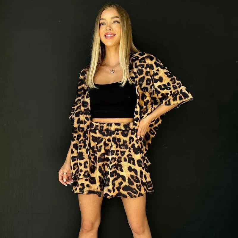 Summer Leopard Pants Sets Short Sleeve 2 Pieces Set Trafza Two Piece Sets Traf Women Outfit Summer Women's Suit Loose Tracksuit