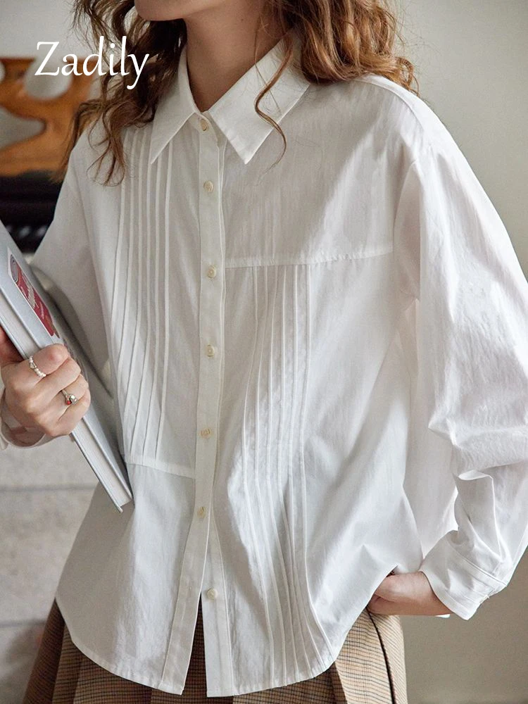 

Zadily 2023 Spring Office Lady Folds Women White Cotton Shirt Korea Style Button Up Ladies Basic Blouse Work Female Clothing Top