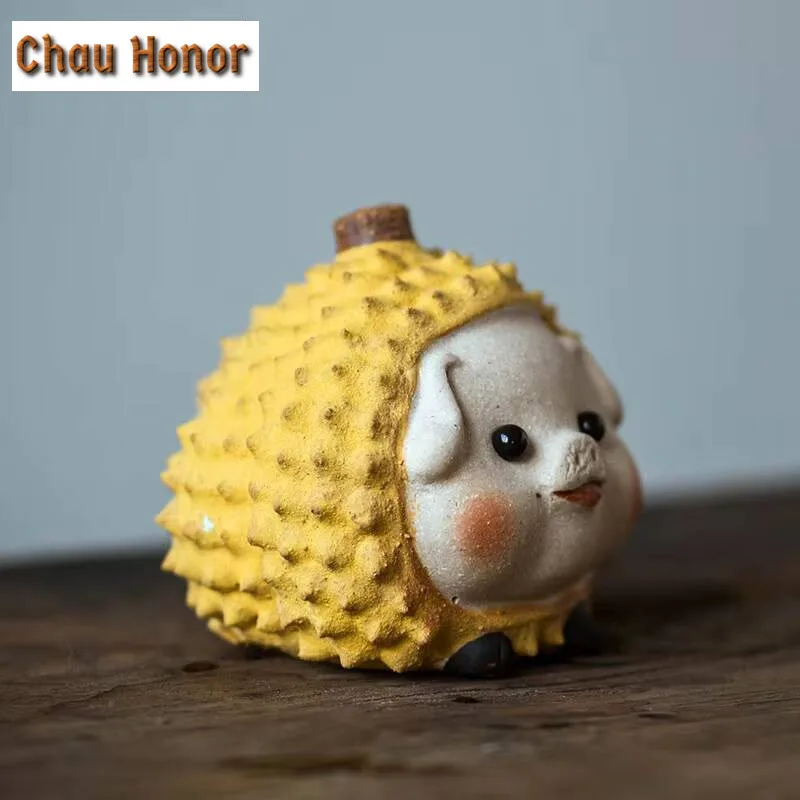 Cute Durian Pig Tea Pet Handmade Purple Clay Tea Play Figurine Fruit Ornament Can Raise Stupid Sculpture Desktop Ornaments Gift
