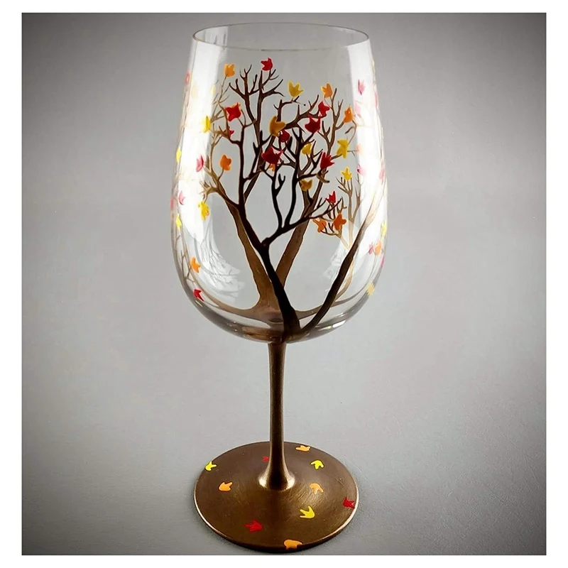 AEE4-Autumn Tree Wine Glass-Fall Colors-Leaves Of Red, Yellow, Orange Hand Painted Fall Leaf