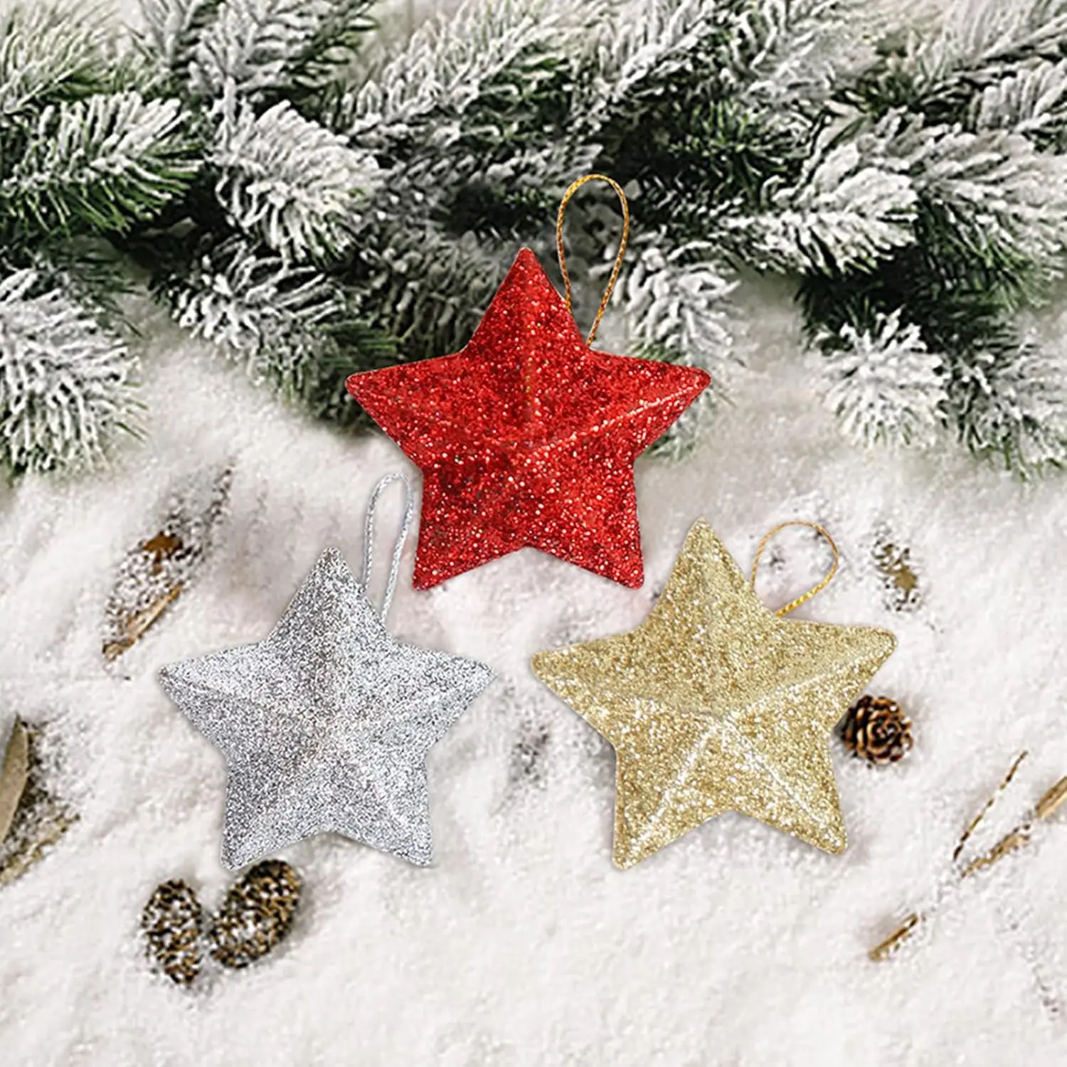 4/24PCS Glitter Star Christmas Ornament Silver Gold Pentagram Xmas Tree Hanging Pendant Festival Wedding Party Home Decoration