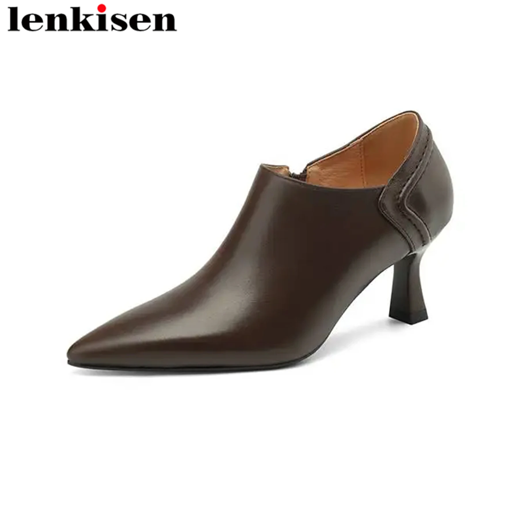 

Женские туфли на шпильке Lenkisen, из натуральной кожи, с острым носком, Весенняя Брендовая обувь на молнии, офисные туфли, большой размер 43, винтажные туфли-лодочки для зрелых женщин