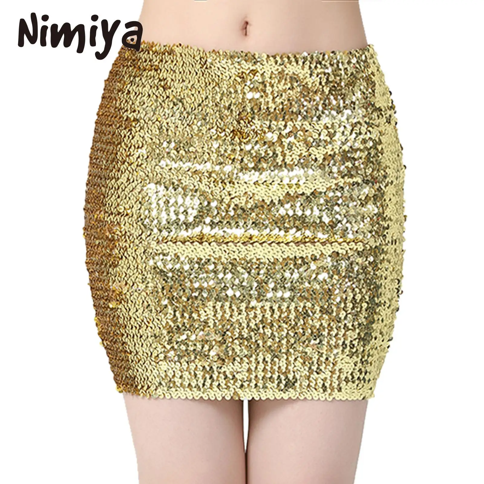 

Nimiya Womens Gold Pure Shiny Sequins Polyester Mid Waist Pencil Skirts Club Dancewear Parties Stage Performance Stretchy Skirts