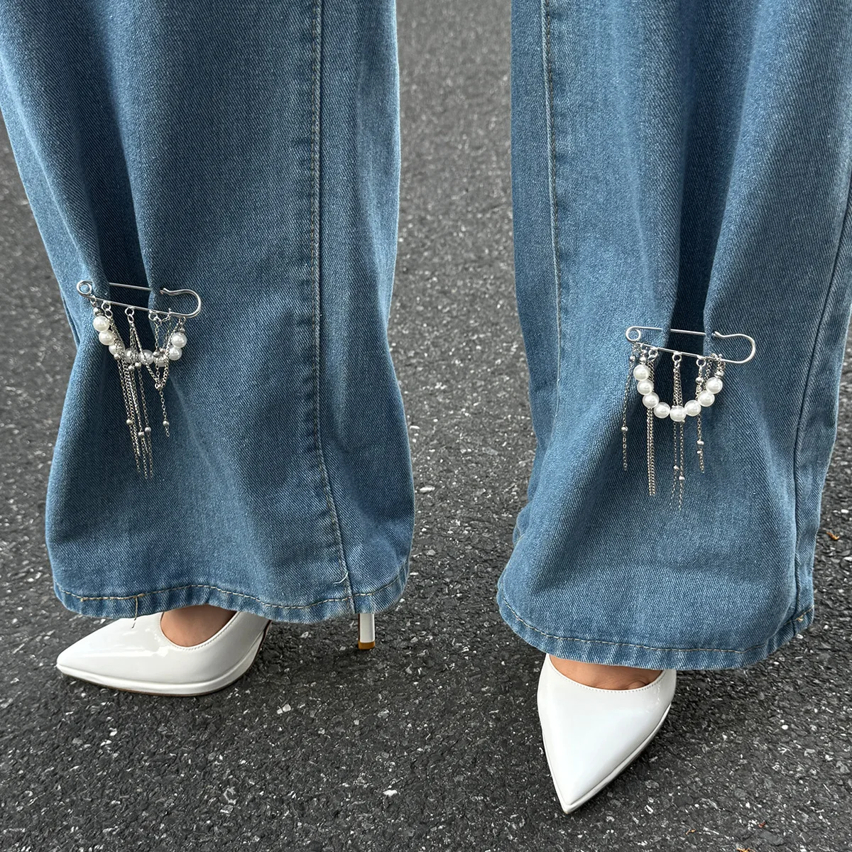 Retro Sweet Imitation Pearl Metal Chain Tassel Pendant Pin Pants Foot Chain