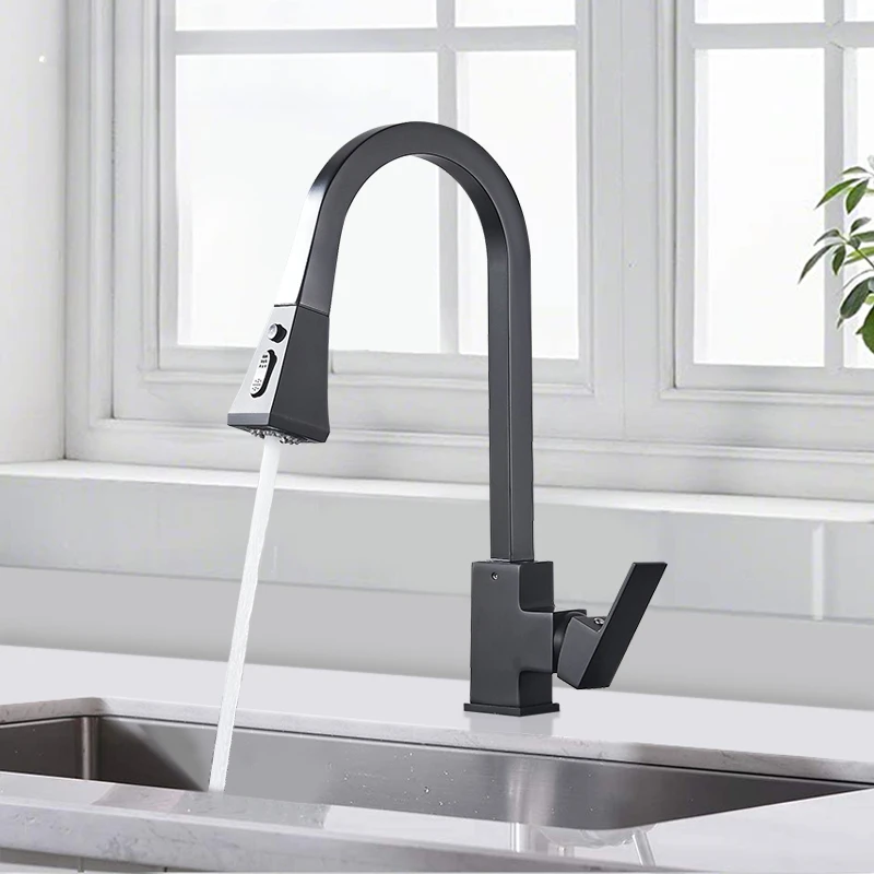 

Matte Black Kitchen Faucets Pull Out Kitchen Sink Faucet Brass Stream Spray Two Water Modes 360 Degree Hot Cold Mixer Tap Crane
