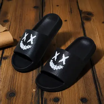 Unisex Black Trendy Eva Soft-Soled Casual Comfortable Slide Sandals with Smiley Face Print, Suitable for Indoor, Bathroom, Outdoor, Beach, and Vacation
