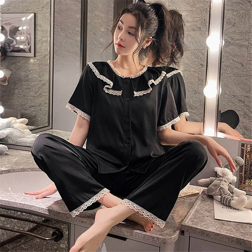 Black Satin Pajama For Women 2 Piece Pjs Set Sleepwear Summer Lace Trim Short Sleeve Tops Pants Pyjama Female
