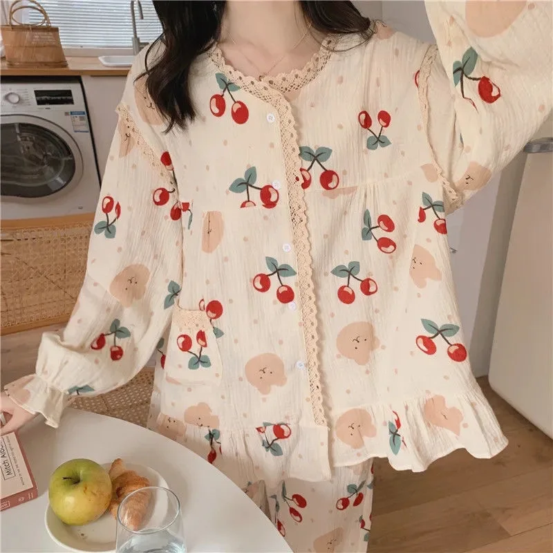 

Long Sleeve Pajama Set Square Collar Cardigan Women Floral Cartoon Printed Gauze Cotton Kawaii Trendy Women 2pcs Pyjamas Elegant