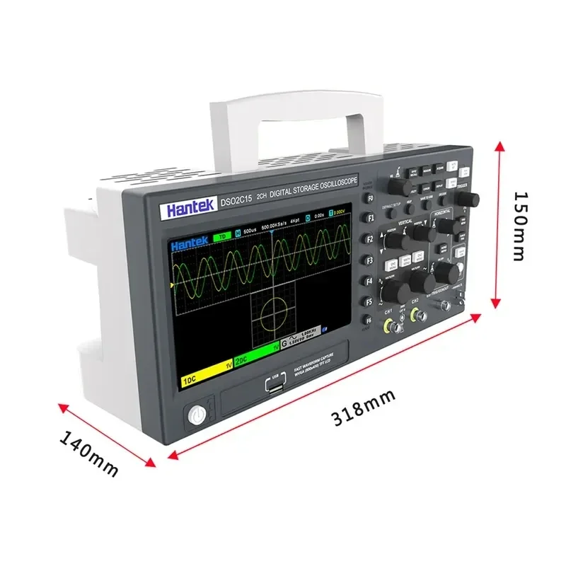 Фото Цифровой осциллограф Hantek DSO2D15, 2-канальный, 150 МГц, 1 Гвыб/с, 25 МГц, генератор произвольных сигналов, 7-дюймовый USB-осциллограф №4