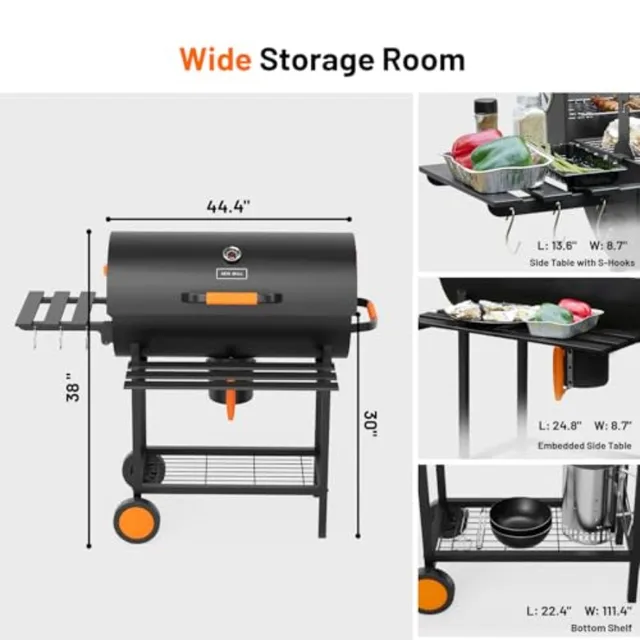 29-Inch Barrel Charcoal Grill with Heavy Duty Construction and Manual Rotisserie Meat Fork Featuring One Click Cleaning System 2