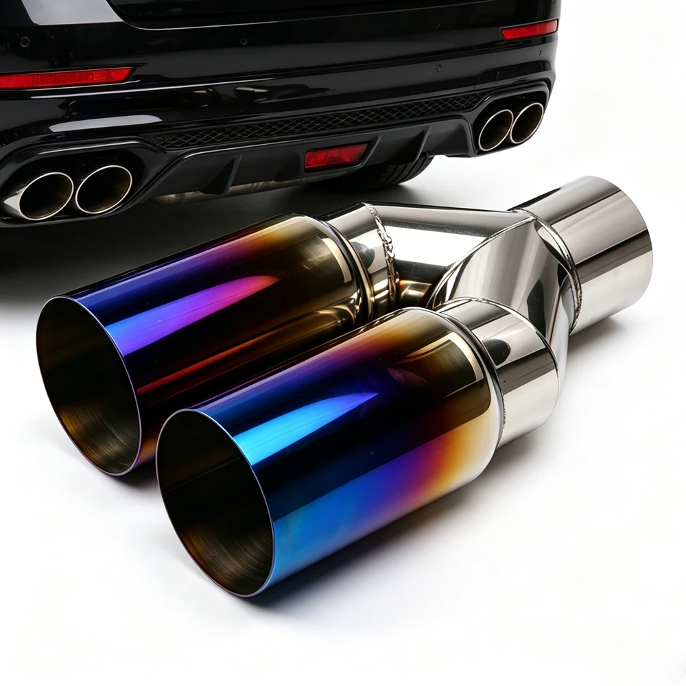 Universal 63mm Inlet 76mm Outlet Double Cylinder Stainless Steel Exhaust Tailpipe Muffler For Car Exhaust System Replacement