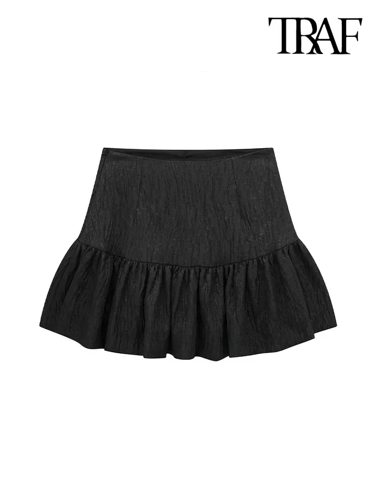 

TRAF-Women's Embellished Puff Shorts Skirts, High Waist, Side Zipper, Female Fashion