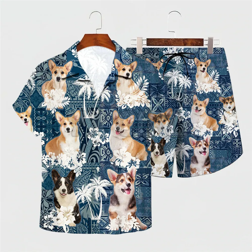 

HX Funny Corgi Hawaii Sets Fashion Animals 3D Printed Lapel Shirt Shorts Beach Surfing Men for Women Sunmmer Casual Clothes