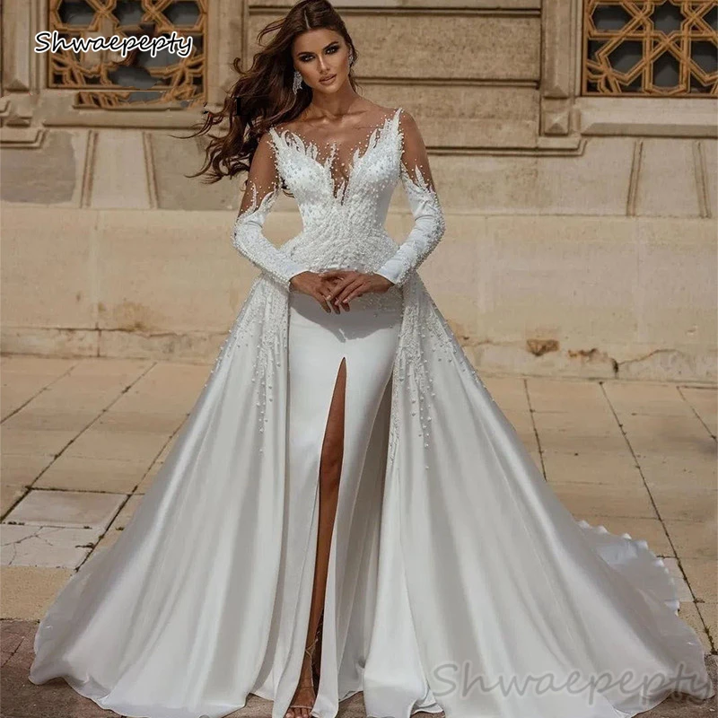 

Front Split Luxury Satin Wedding Dresses Pearls Beaded Long Sleeves White Mermaid Bridal Gowns With Detachable Train