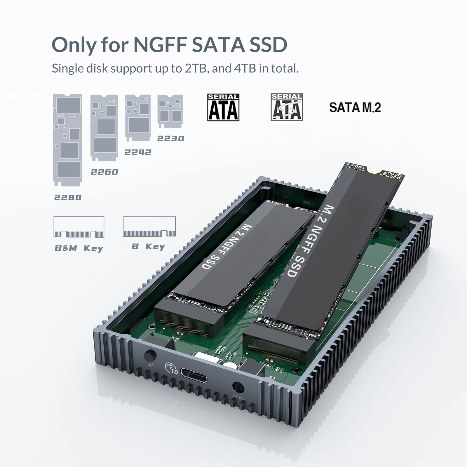 Yottamaster SO4-RC3 모바일 하드 드라이브 인클로저, 2 베이 M.2 NGFF SATA, 4TB SSD, USB3.1 GEN2, C타입, 10Gbps, Windows Mac OS Linux용