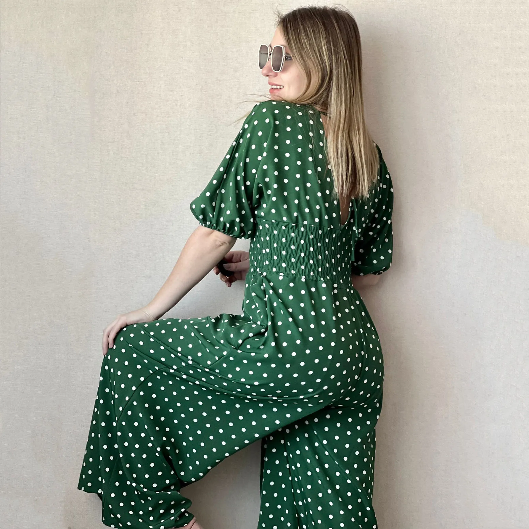 V Neck Sexy Dolman Sleeves Waist Slim Polka Dot Print Jumpsuit Women Wide Leg Trousers Jumpsuit