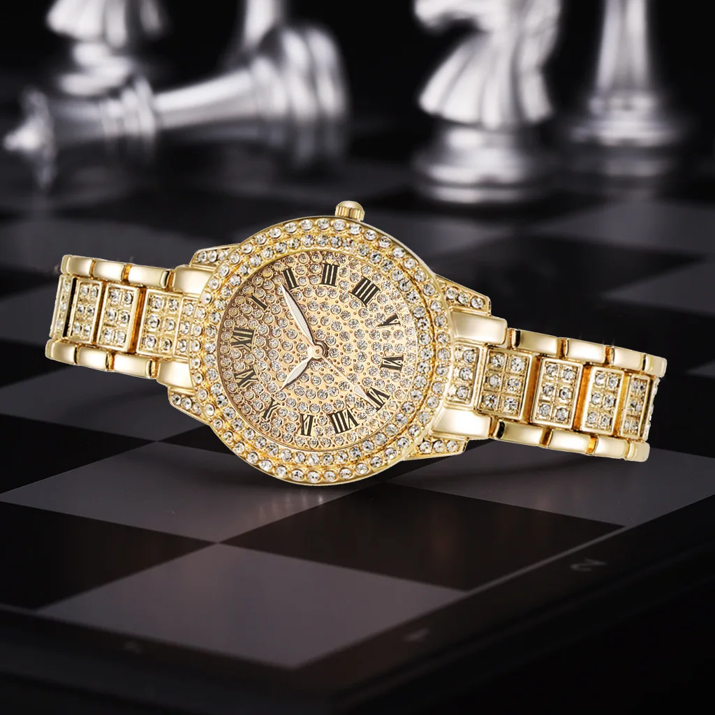 2PCS Luxury Iced Out Watch Bracelet for Women Sliver Gold Diamond Ladies Watches Cuban Chain Jewelry Set Relojes Para Mujer Gift