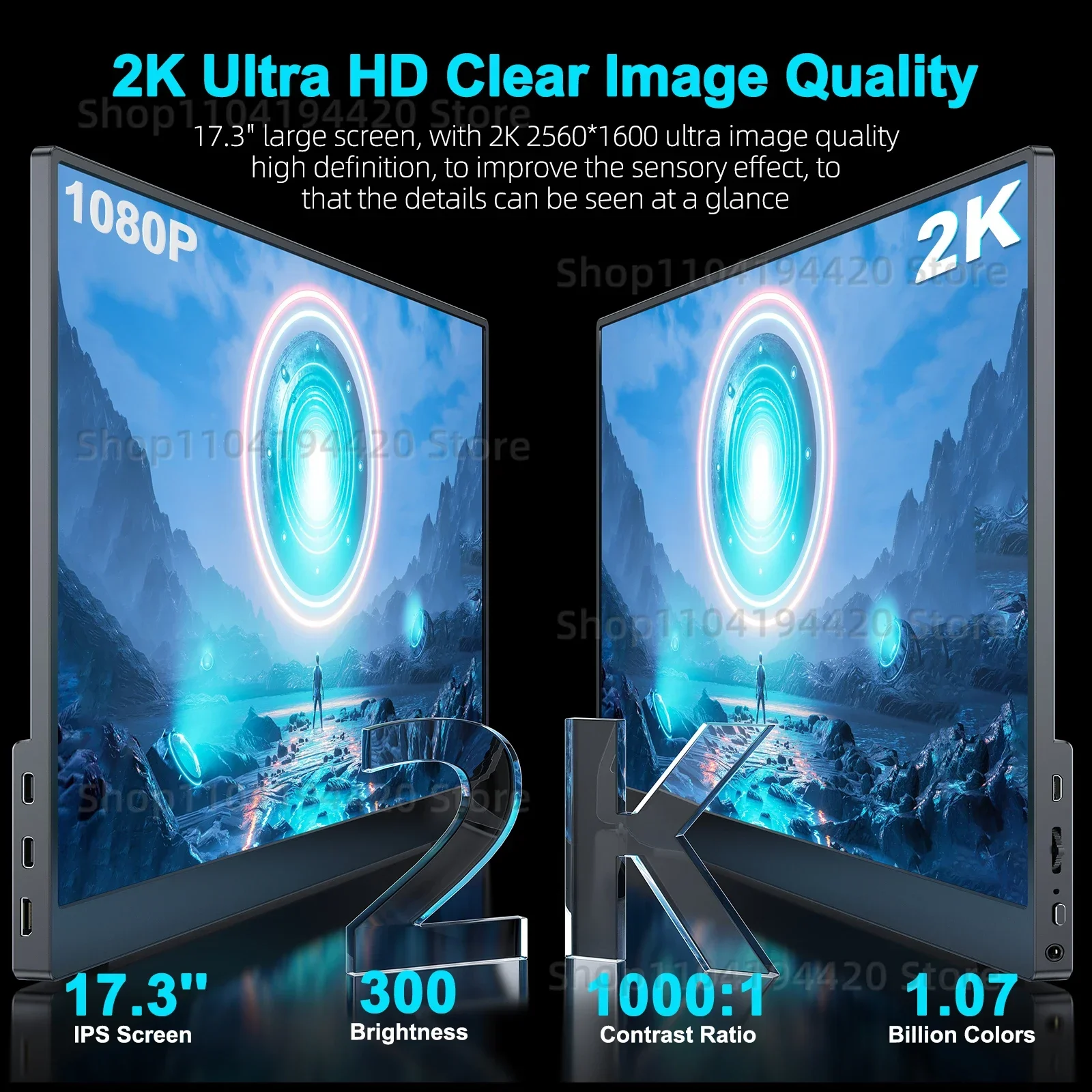 2K 144Hz Portable Monitor 17.3 Inch 2560x1440P IPS Screen For Gaming Travel Laptop Phone Game Console Steam Deck PS4/5