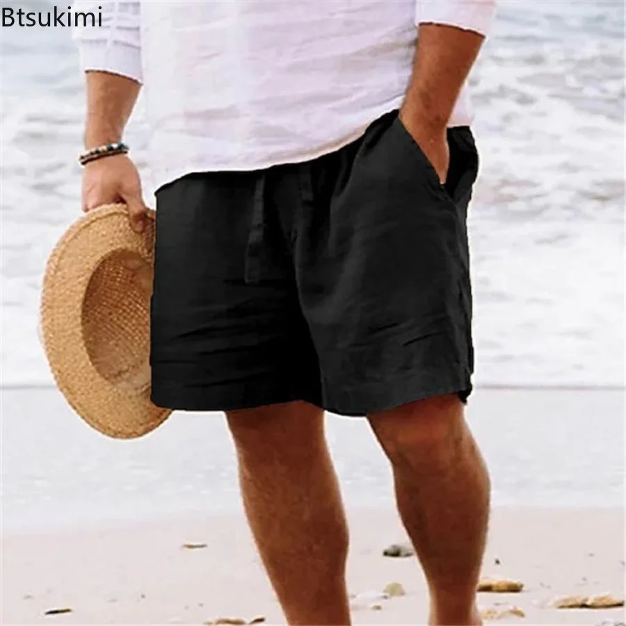 2024 Men's Summer Cotton Linen Shorts Drawstring Short Pants Male Breathable Solid Oversized Beach Shorts for Men Summer Pants