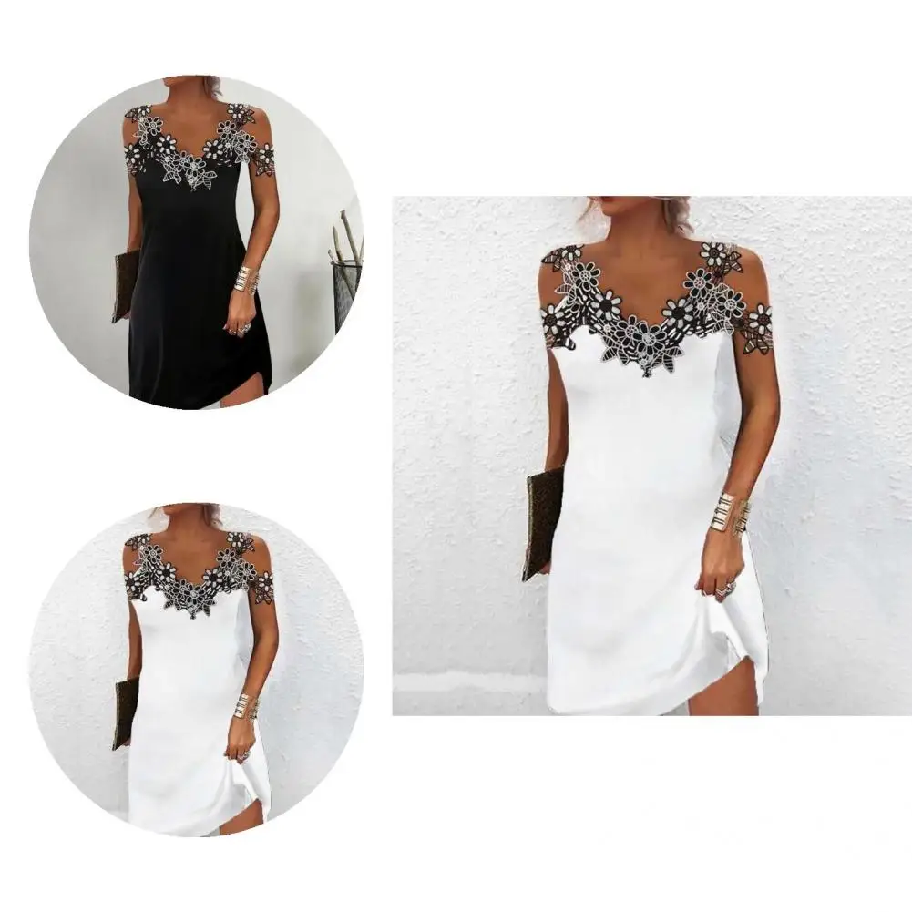 

Lace Stitching Sling Mini Dress Lace Stitching Mini Dress Chic Women's V-neck Lace Sling Mini Dress Cold Shoulder for Summer