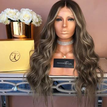 Parrucca per capelli sintetici Parrucca riccia con parte centrale Marrone con capelli naturali biondi Parrucche lunghe per uso quotidiano per le donne