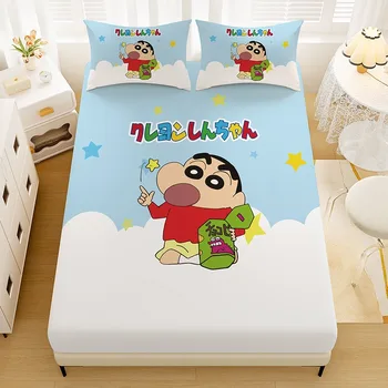 Lenzuolo con angoli stampato con motivo Crayon Boy, set copri letto stampato Shin-chan per camera da letto per bambini, set biancheria da letto anime con federe 1