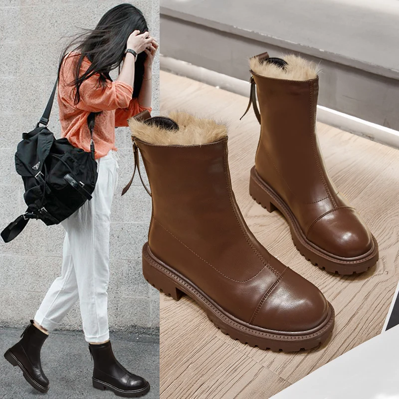 

Women's winter shoes Black leather boots warm real fur boots mid-tube boots