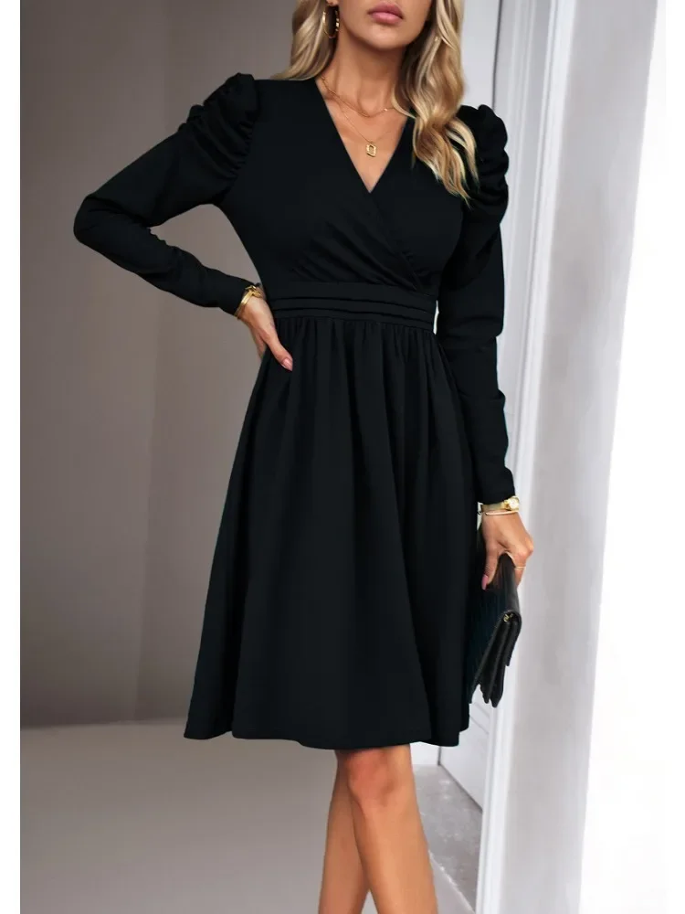 

2023 Autumn/Winter Women's Dresses Robe Elegant Solid Color V-neck Long Sleeve Dress Commuter Fashion Women Clothing Streetwear