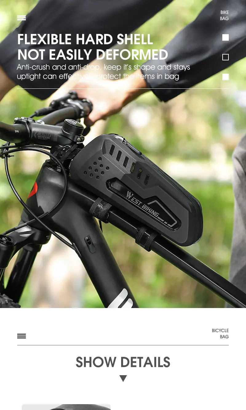 WEST BIKING Abbaubare Hartschalen-Fahrrad-Oberrohrtasche TPU Wasserdichte Vorderrahmentasche Rutschfester Riemen MTB Rennrad Zubehör – Detail 12