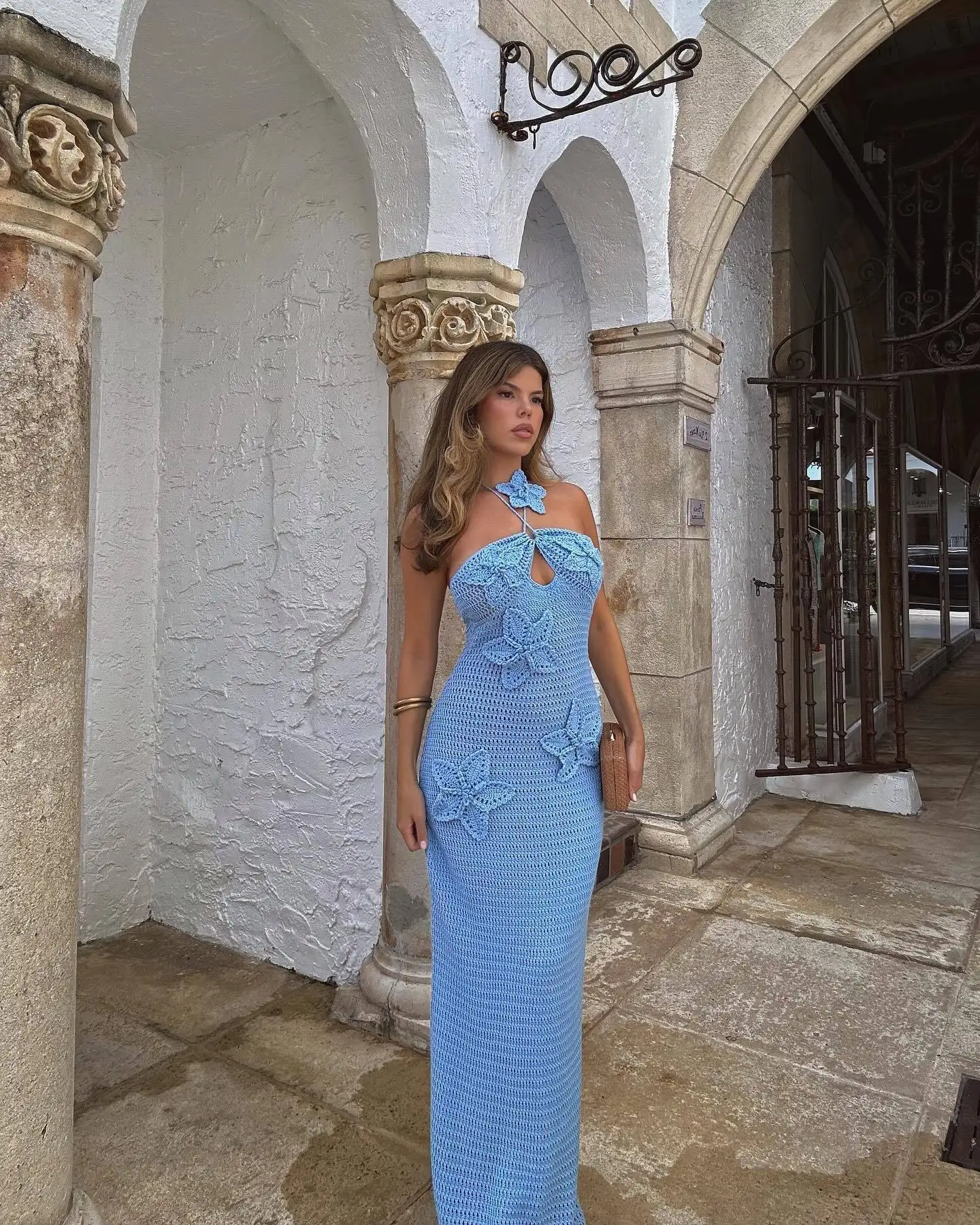 Sexy 3D Flower Knitted Dress Women Hollow Out Halter Sleeveless Beach Long Dresses Female 2024 Summer Vacation Ladies Vestidos 4