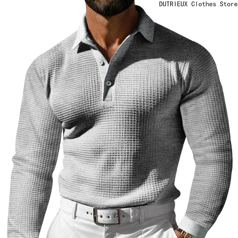 T-shirt sportiva con bottoni risvolto a maniche lunghe con motivo waffle, polo da uomo d'affari autunnale, top casual comodo e traspirante - immagine 5