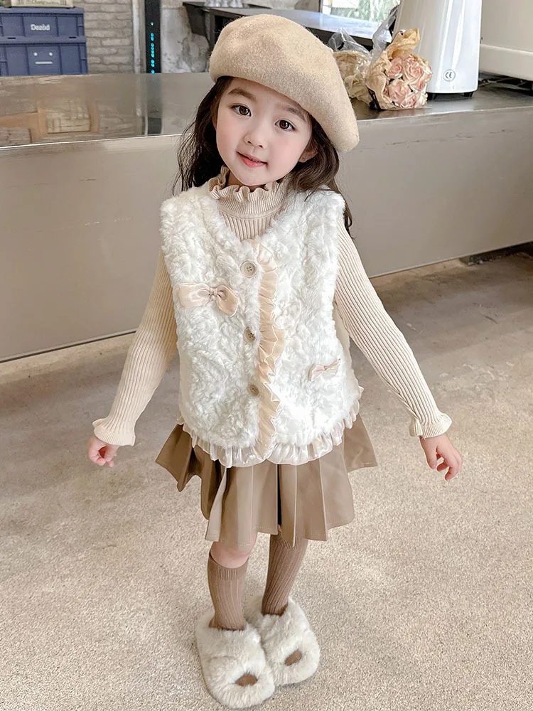 

Girl's Waistcoat Autumn and Winter Clothing 2023 New Fashionable Children's Clothing Waistcoat Furry Sweater Vest Baby Girl Autu