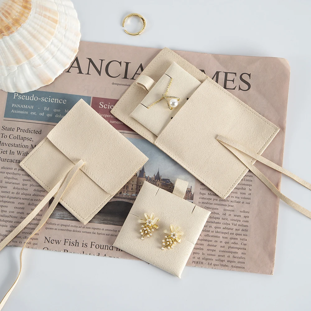 Small Envelope Flap Cream Microfiber Necklace Earring Jewelry Packaging Pouch Bag Wedding Favors Jewelry Organizer Bag with Card