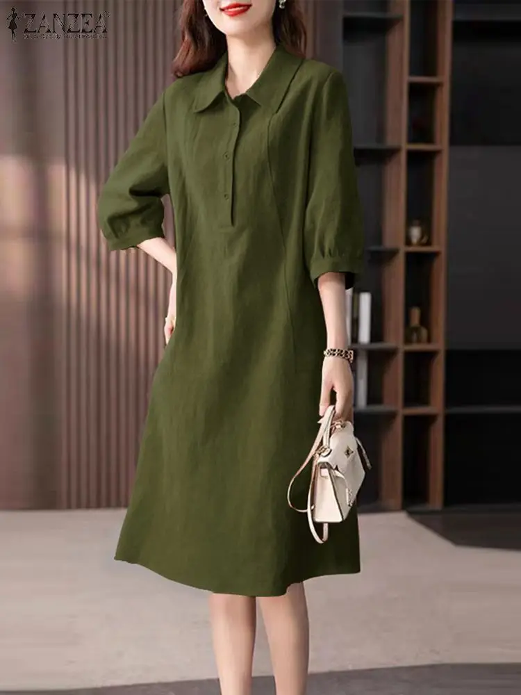 

ZANZEA 2024 Summer Lantern 3/4 Sleeve Midi Dress Women Lapel Neck Shirt Dress Casual Loose Buttons Robes Korean Fashion Vestidos