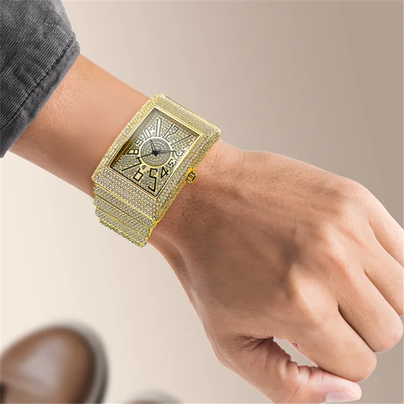 Men Big Brand Golden Watches Famous Luxury Hip Hop Diamond Date Rectangular Quartz Watches Relogio Masculino Grandes Quadrados