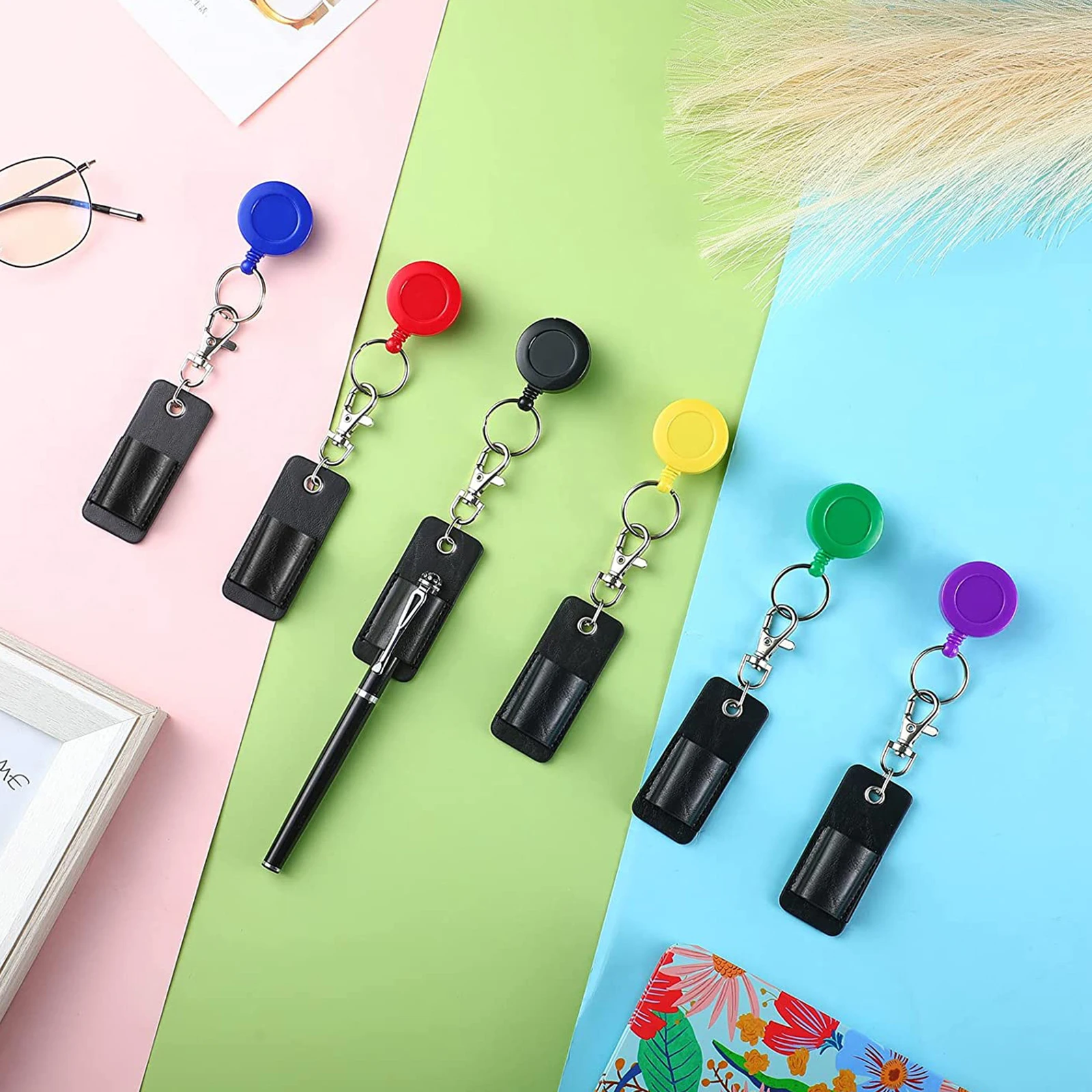 

1pc Creative Retractable Badge Reel Ballpoint Pen Belt Clip Key chain with Carabiner Key ring Lanyard Pen School Office Supplies