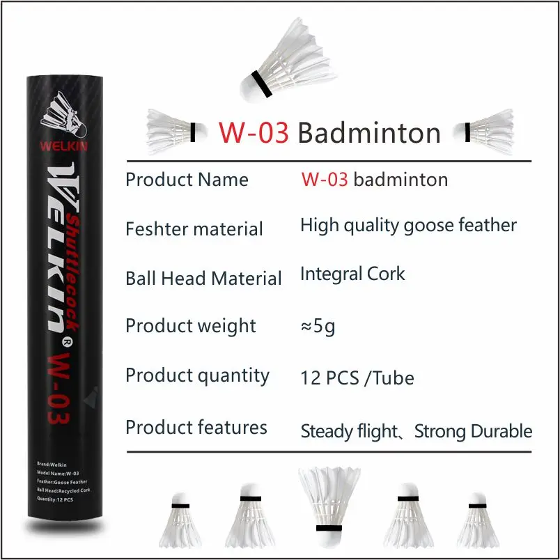 W03 Professional level Goose Feather Shuttlecocks Badminton For Outdoor Sport Training Game Flying Stability Durable Balls 12PCS badminton shuttlecock,badminton ball,feather shuttlecock