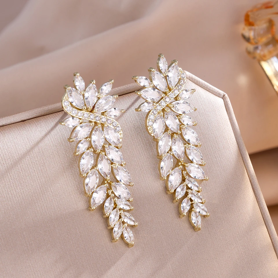 ZAKOL Wunderschöne Marquise-CZ-Hochzeits-Abschlussball-Schmuck, weiße Zirkonia-Blatt, lange baumelnde Ohrringe für Bräute, Party – Detail 5
