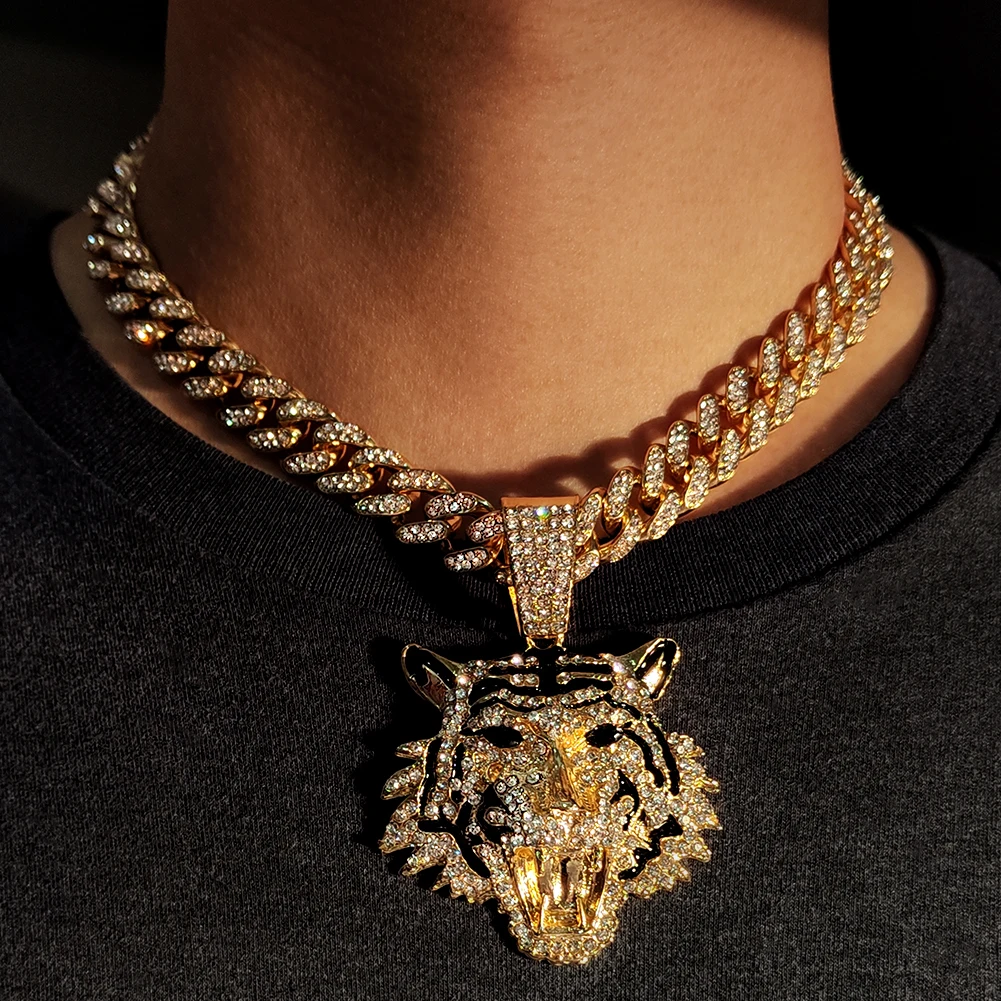 Hip Hop Iced Out Cuban Link Chains for Men Tiger Pendant