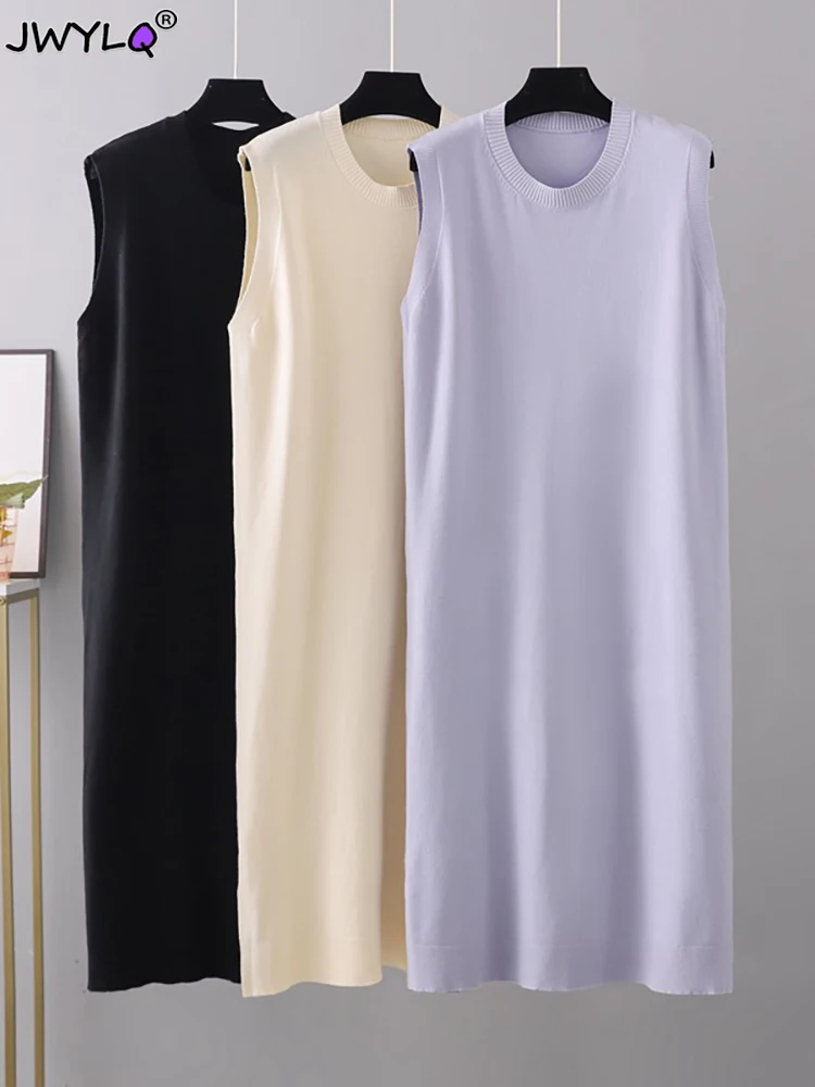 

Однотонное прямое платье с круглым вырезом, свободные платья для девушек, повседневное базовое прямое вязаное платье, женские элегантные длинные платья, лето