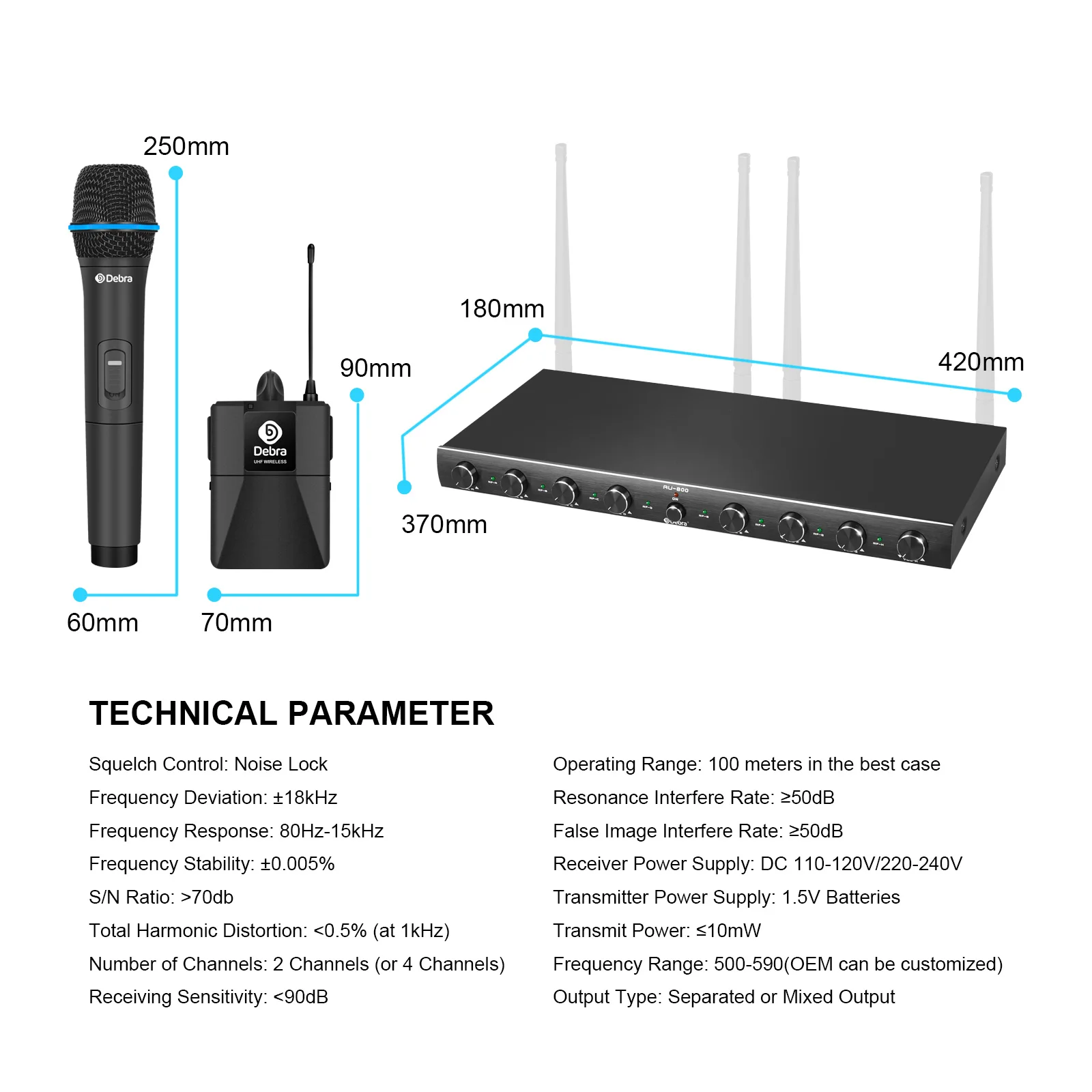 Audio AU800 UHF Wireless Microphone System 8 Channels Handheld or Lavalier Unlim