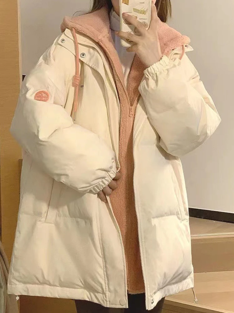 

Куртка женская оверсайз с капюшоном, Модная парка в Корейском стиле с подкладкой из овечьей шерсти, свободный пуховик из хлопка, Осень-зима