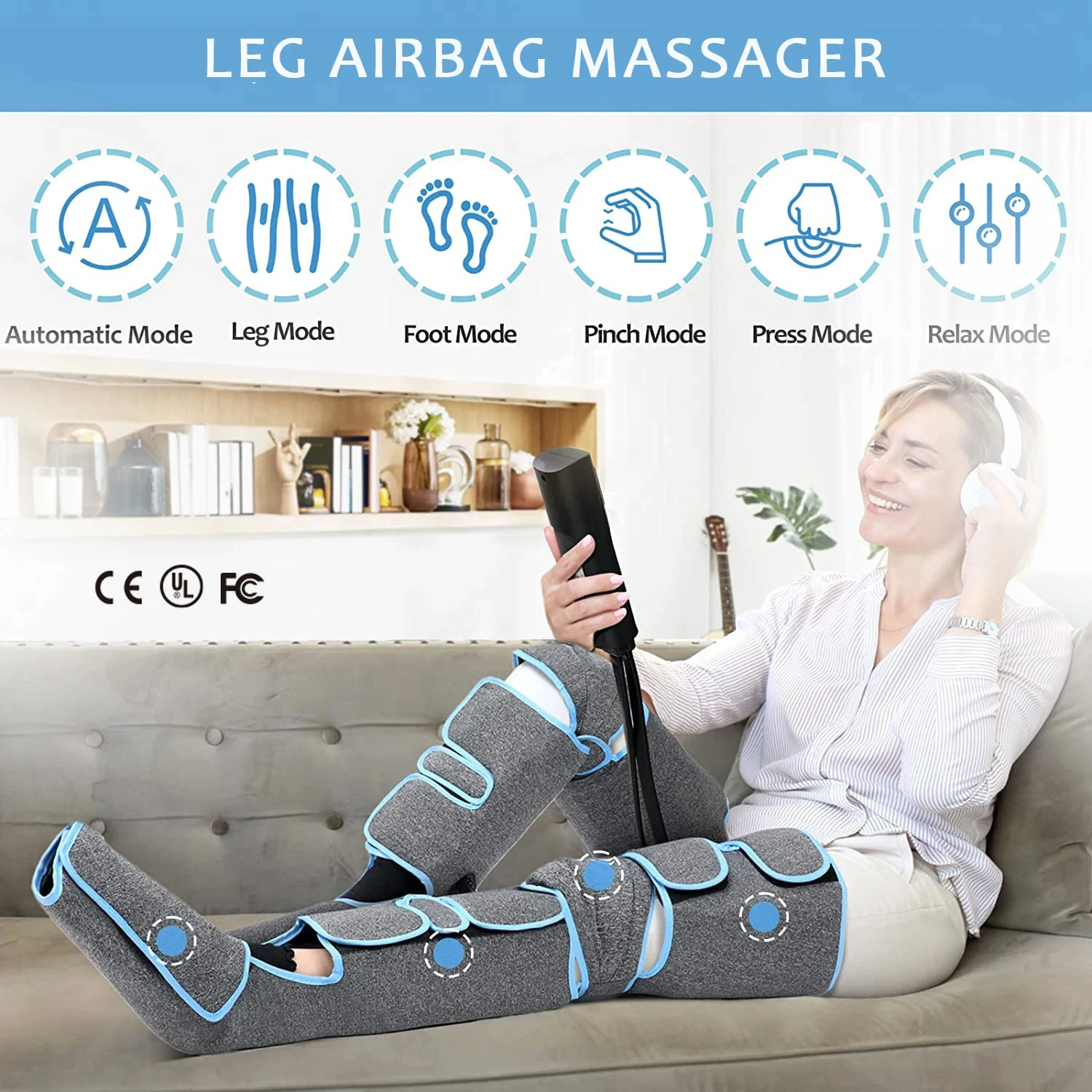 

Electric Air Compression Leg Massager Pneumatic Foot Air Pressure Calf Heated Air Wraps Handheld Controller Muscle Relax Relief