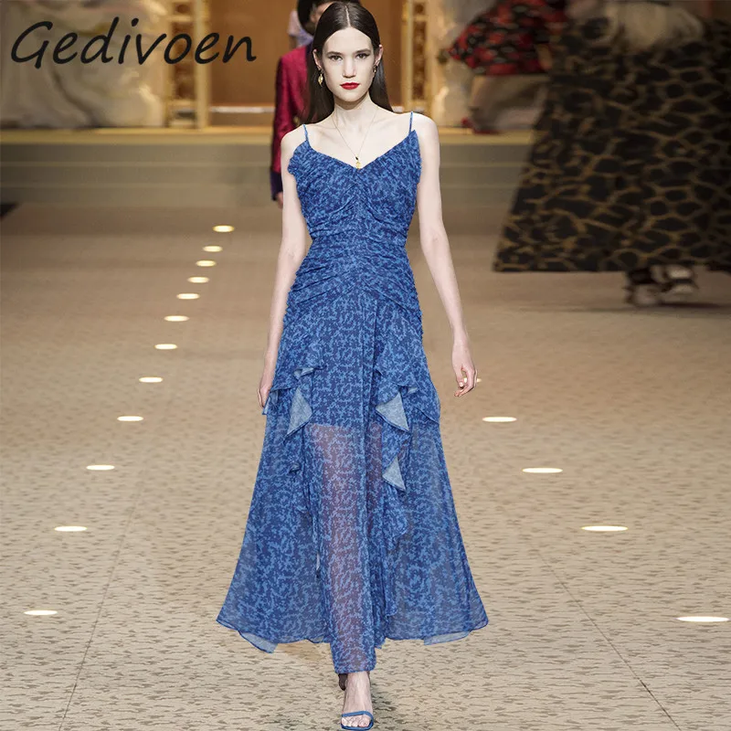 

Gedivoen Summer Fashion Runway Vintage Backless Sling Dress Women's V-Neck Ruched Splicing Ruffles Party Blue Print Long Dress